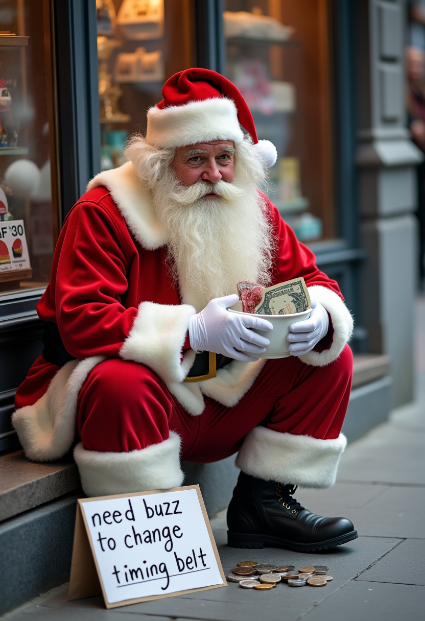 Santa Claus, sitting in the street, in front of a shop, begging. A white basin placed on the ground in front of him already contains a few coins and a bill. A sign placed next to it,, with the text "need buzz to change timing belt"