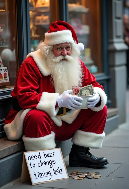 Santa Claus, sitting in the street, in front of a shop, begging. A white basin placed on the ground in front of him already contains a few coins and a bill. A sign placed next to it,, with the text "need buzz to change timing belt"