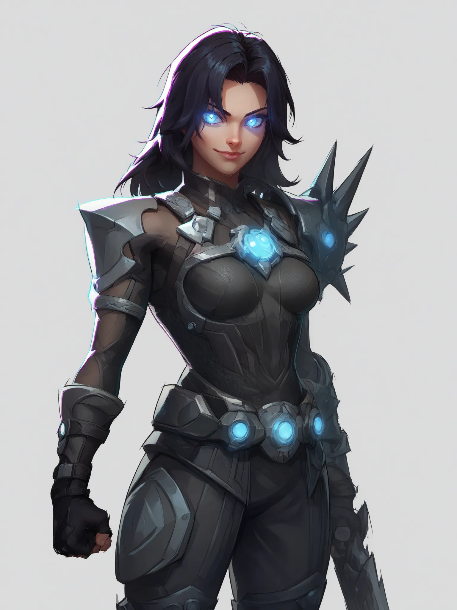 1girl, standing, looking at viewer, uncensored, score 9 up, score 8 up,
 <lora:Marvel_Rivals_Concept_Art_Style PonyXL:1>,holding weapon, glowing eyes, fingerless gloves, closed mouth, smile, medium breasts, black gloves, belt, short hair, jewelry, blue eyes, long hair, shoulder armor, clenched hand,