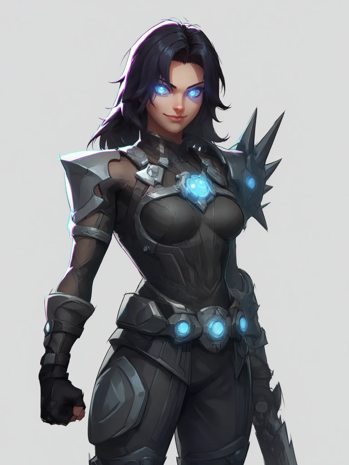 1girl, standing, looking at viewer, uncensored, score 9 up, score 8 up,
<lora:Marvel_Rivals_Concept_Art_Style PonyXL:1>,holding weapon, glowing eyes, fingerless gloves, closed mouth, smile, medium breasts, black gloves, belt, short hair, jewelry, blue eyes, long hair, shoulder armor, clenched hand,