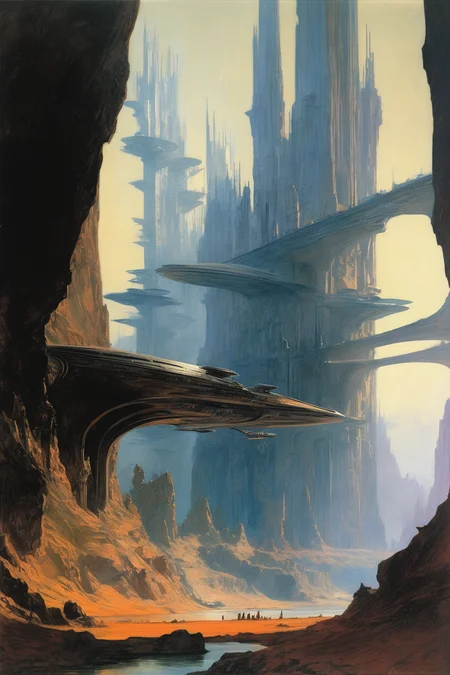John Martin Style - megastructures by syd mead and zaha hadid, in a landscape, by albert bierstadt, zdzislaw beksinski and Claude Monet