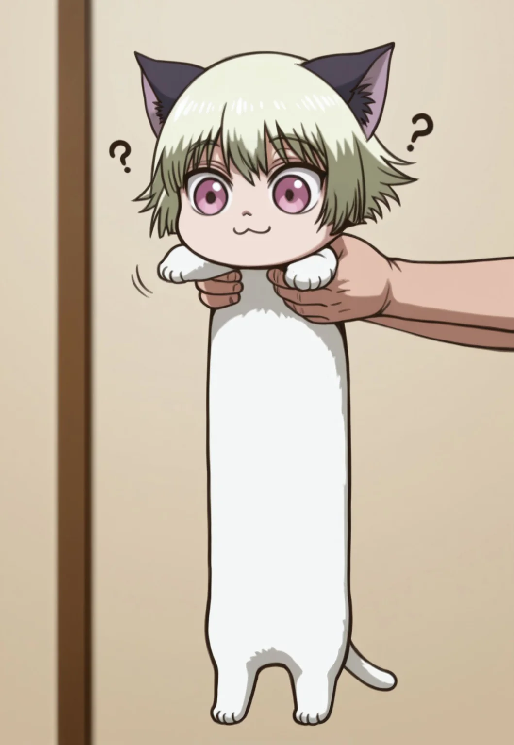 masterpiece, best quality, longcat \(meme\), <lora:concept_longcat_Illustrious_V2L:0.5>, WOSchrödinger, 1boy, solo, male focus, blonde hair, short hair, spiked hair, cat ears, pink eyes, :3, ?, (solo:1.4), chibi, holding cat,