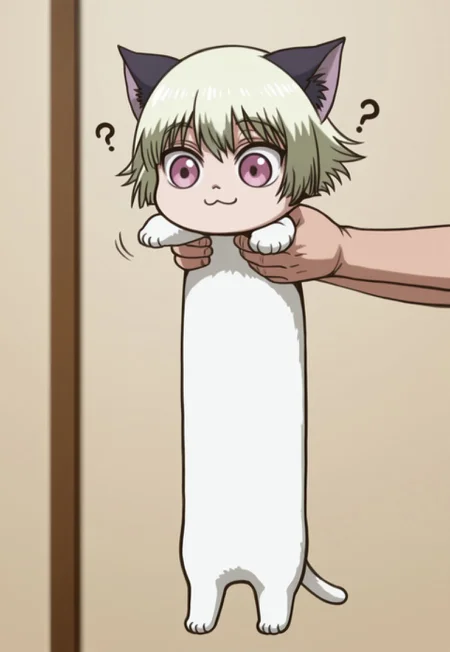 masterpiece, best quality, longcat \(meme\), <lora:concept_longcat_Illustrious_V2L:0.5>, WOSchrödinger, 1boy, solo, male focus, blonde hair, short hair, spiked hair, cat ears, pink eyes, :3, ?, (solo:1.4), chibi, holding cat,