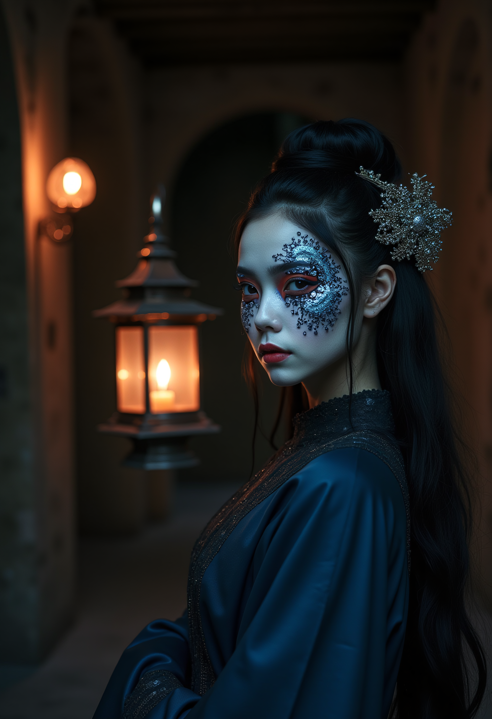In the dimly lit interior of an ancient, abandoned theater, an augmented Asian girl stands poised, her face adorned with exquisite makeup that masterfully blends Chinese and Japanese opera mask traditions. The makeup is monochromatic, featuring intricate midnight blue and white embellishments arranged in symmetrical patterns. The girl's porcelain-like skin seems to glow eerily under the soft, warm light cast by an antique lantern, its flame flickering gently. The atmosphere is hushed and reverent, as if the very air holds its breath in anticipation. ,