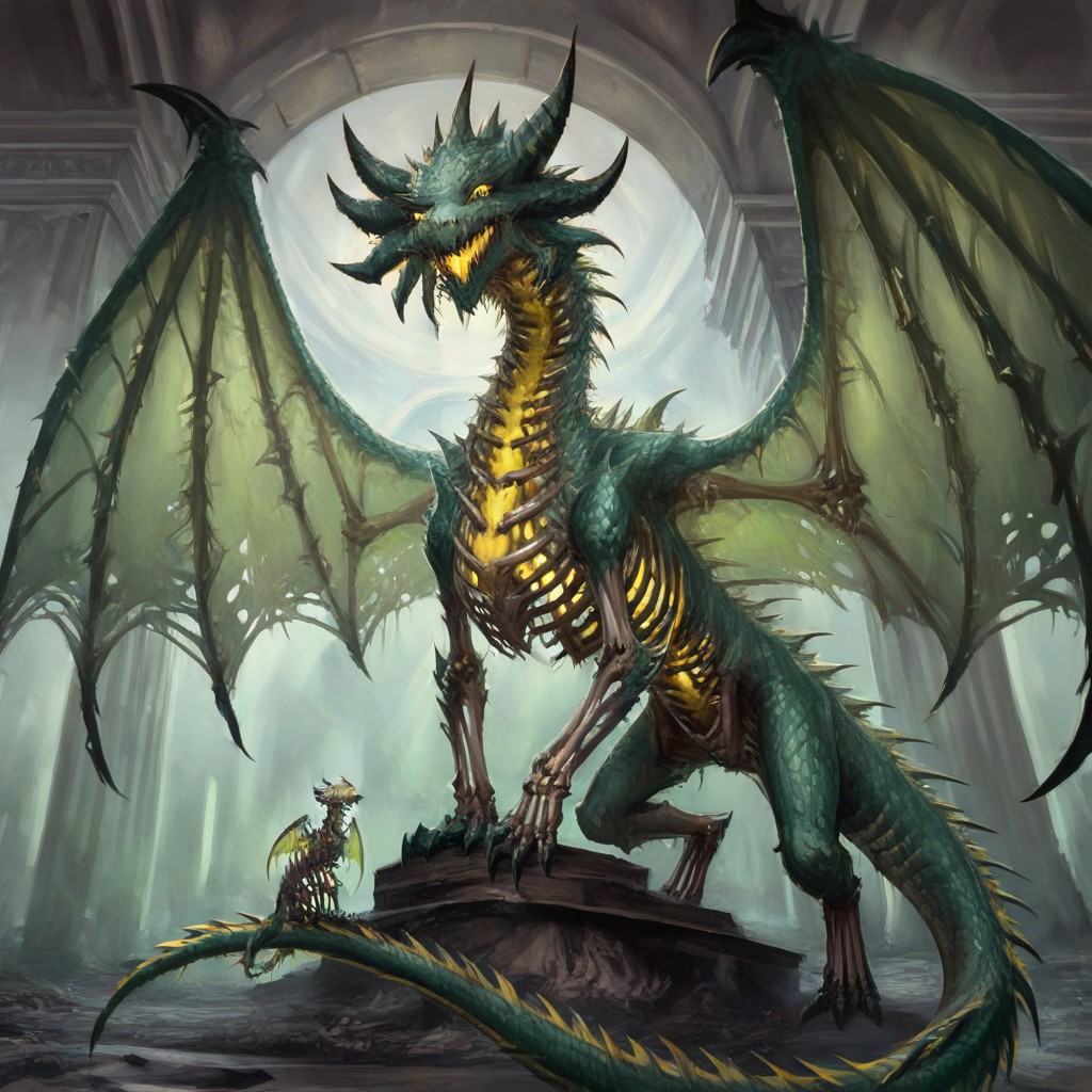 masterpiece, best quality, newest, absurdres, highres, DRALV1.0, undead dragon, undead, skeleton, bones, monster, no humans, dragon, wings, tail, wings, dragon wings, dragon horns, horns, multiple horns, green scales, yellow eyes,