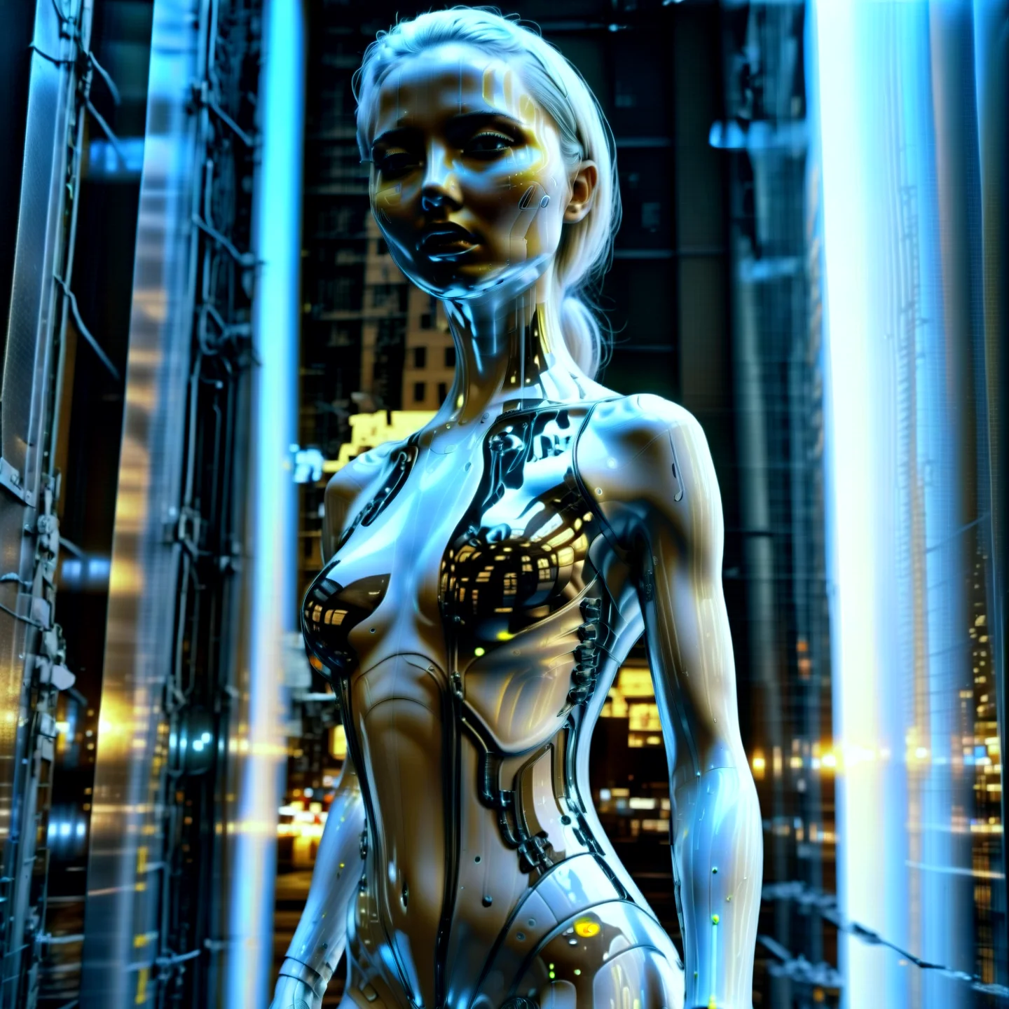 Haute Couture cyberpunk style, 1girl with chorme skin, (full body:1.331), hightech_robotics, (white hair:1.4), with light in her eyes and dark smoke around her body, (white head:1.1), (neon crisscrossing fine lines on face:1.2), (many neon pins pricked the entire head), BREAK stands still in a back alley, looking out to the crowded main street with neon sign, she is hoping to find the next victim, outdoors, high-tech cyberpunk nightcity background, (unreal engine), ray tracing, dynamic light, godrays, reflections, fisheye view, from below angle, long distance shot, hyper detailed, high quality, neon, dystopian, futuristic, digital, vibrant, detailed, high contrast, (by h.r. giger:1.01),,, Haute Couture, often for exclusive fashion, custom-fitted garments, or high-end design.