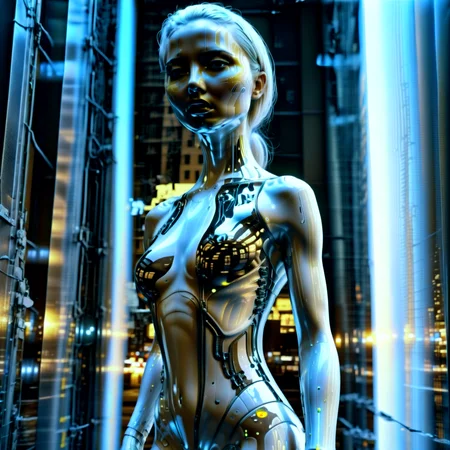 Haute Couture cyberpunk style, 1girl with chorme skin, (full body:1.331), hightech_robotics, (white hair:1.4), with light in her eyes and dark smoke around her body, (white head:1.1), (neon crisscrossing fine lines on face:1.2), (many neon pins pricked the entire head), BREAK stands still in a back alley, looking out to the crowded main street with neon sign, she is hoping to find the next victim, outdoors, high-tech cyberpunk nightcity background, (unreal engine), ray tracing, dynamic light, godrays, reflections, fisheye view, from below angle, long distance shot, hyper detailed, high quality, neon, dystopian, futuristic, digital, vibrant, detailed, high contrast, (by h.r. giger:1.01),,, Haute Couture, often for exclusive fashion, custom-fitted garments, or high-end design.