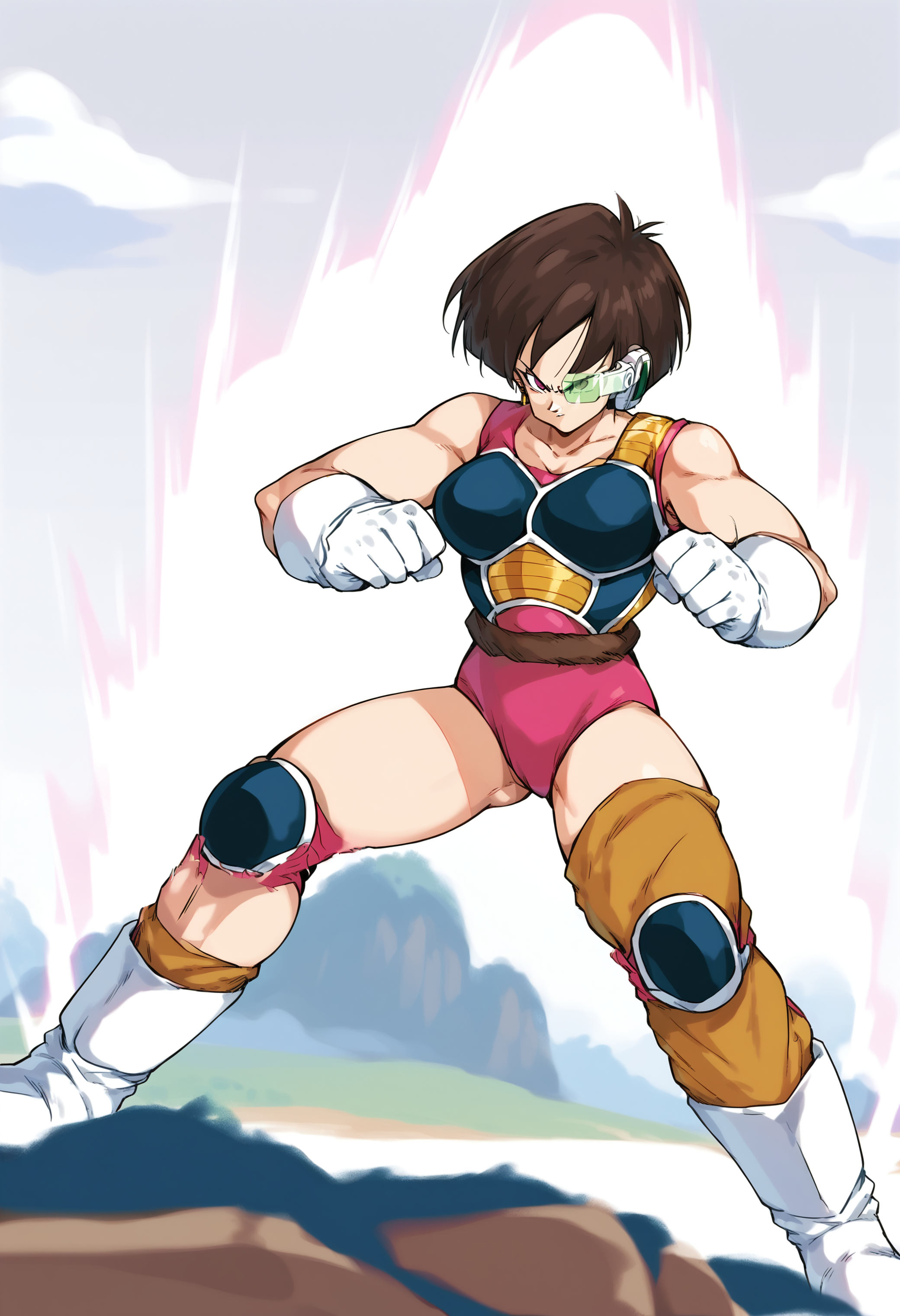 score_9, score_8_up, score_7_up, score_6_up, source_anime, dutch angle, (fighting), (white aura), 1girl, full body, muscular <lora:Fasha:1.0> fasha, Saiyan Armor,  gloves, boots, short hair, eyewear, monkey tail, pink leotard,serious, BREAK  seen from below, (sideview:0.7), grand canyon in background, movement lines, motion blur, <lora:honjouji_akira_pony_ver1:0.8> drgbls1