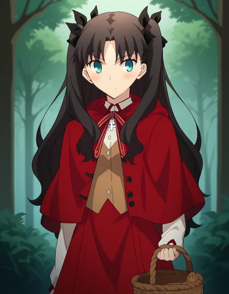 score_9, score_8_up, score_7_up, source_anime, rintohsaka, <lora:rin-tohsaka-ubw-ponyxl-lora-nochekaiser:1>, rin tohsaka, aqua eyes, black hair, hair ribbon, long hair, ribbon, sidelocks, two side up, parted bangs,, <lora:little-red-riding-hood-cosplay-ponyxl-lora-nochekaiser:1>, littleredridinghoodcosplay little red riding hood \(grim\) \(cosplay\), red hood, basket, hooded capelet, red capelet, holding basket, red cloak, hood,, landscape, forest, blush,, cowboy shot, dutch angle, solo,
