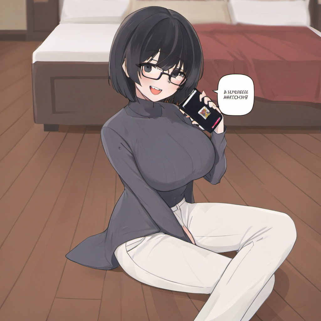 1girl, huge breast, bed, between legs, black-framed eyewear, black eyes, black hair, blurry, blurry background, cellphone, depth of field, glasses, hand between legs, hand up, holding, holding phone, indoors, looking at viewer, on floor, pants, phone, short hair, sitting, smartphone, smile, solo, speech bubble, teeth, upper teeth only, wariza, white pants, wooden floor,