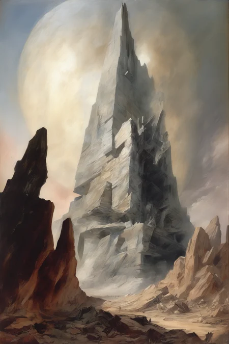 John Martin Style - painting by john constable and charles demuth of the wreckage of futuristic high tech mughal arcology temple, in a vast alien celestial heavenly desolate picturesque wilderness, weathered rock and crumbling stone, ethereal mist and clouds, crusades, illuminati, anarchy, space age, cyborg bitcoin lasers, 35mm photograph