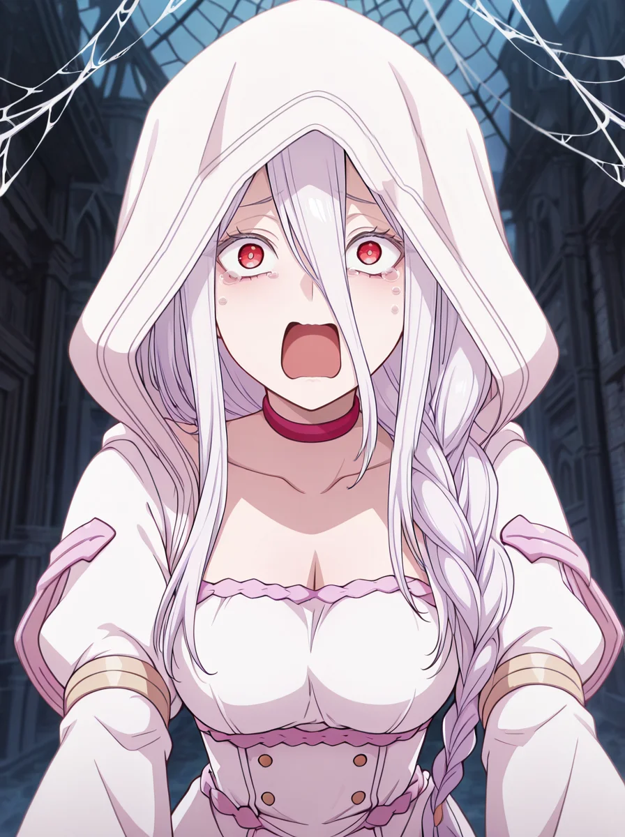 masterpiece, best quality, amazing quality, very aesthetic, absurdres, newest, , anime screenshot, <lora:ShiraoriKumo:1>shiraoriillust, 1girl, long hair, solo, braid, choker, breasts, hood, dress, hair between eyes, single braid, looking at viewer, white dress spider web, red eyes, <lora:meme_aquascreaming_illustriousXL:1>aquascreaming, open mouth, tears, parody