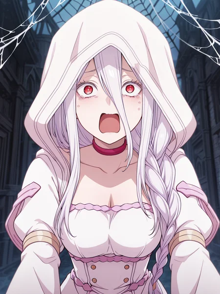masterpiece, best quality, amazing quality, very aesthetic, absurdres, newest, , anime screenshot, <lora:ShiraoriKumo:1>shiraoriillust, 1girl, long hair, solo, braid, choker, breasts, hood, dress, hair between eyes, single braid, looking at viewer, white dress spider web, red eyes, <lora:meme_aquascreaming_illustriousXL:1>aquascreaming, open mouth, tears, parody