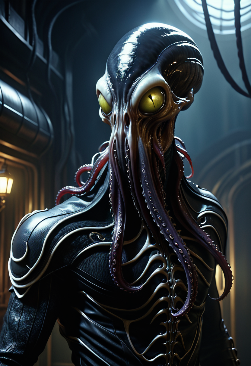 dark fantasy gothic, dramatic over-the-shoulder view of prey, dimly lit, horror-inspired atmosphere, looming forward menacingly, pulsating psionic chambers, tentacled face, dark, leathery skin, elongated cranium, slender, alien physique, four long tentacles extending from mouth fantasy_random_lora, realistic, uhd, 8k, masterpiece, intricately detailed, cinematic, best quality, absurd resolution, fantasy art, fantasy race concept, artfully_mindflayer,  <lora:artfully_MINDFLAYER_SDXL:0.8>