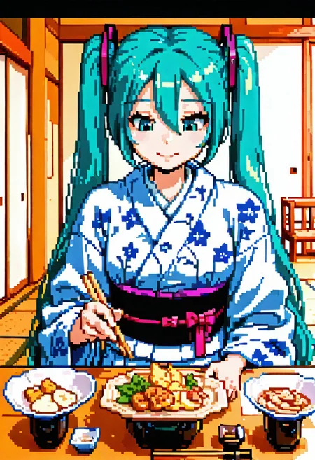 masterpiece, best quality, newest, absurdres, highres, detailed eyes, beautiful, detailed background, perfect eyes,
BREAK
1girl,
hatsune miku,
anime screenshot, anime coloring, flat color,
smile,
BREAK
solo,
heyashoku,food, table,yukata,
chopsticks,
front view,
looking down