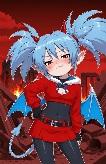 1girl, solo, ruins, hell, cloud, red sky, dark sky, fiery sky, fire, cowboy shot,
<lora:Nullantwins:0.8> zhuu, red eyes, blue hair, red horns, demon tail, blue tail, demon wings, blue wings, twintails, big hair, pointy ears,
red hoodie, cropped hoodie, long sleeves, black bodysuit, fur-trimmed hoodie, blue fur, black gloves, fingerless gloves, cleavage cutout, red skirt, midriff, black belt, belt buckle, blue drawstring,
contrapposto, light smile, blush, looking at viewer, smug, :3, fangs out,
<lora:Daikin:1> dkn, extremely detailed, highres, masterpiece, best quality