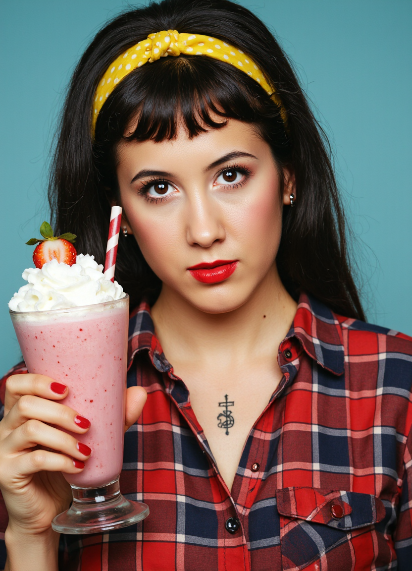 SFW, brightly lit, The image is a portrait of a woman with dark hair styled in a pin-up style. She is wearing a red and blue plaid shirt with a yellow polka dot headband. She has a tattoo on her chest and is holding a pink milkshake with whipped cream and a strawberry on top. The woman is also wearing red lipstick. The background is a light blue color. The overall mood of the image is vintage and edgy., aidmaimageupgrader<lora:flux\custom\celebrity\vanessa-carlton.safetensors:1.05:1.05> <lora:flux\turbo-8-step-flux.safetensors:0.5:0.5> <lora:flux\style\Common\aidmaImageUprader-FLUX-v0.3.safetensors:0.25:0.25>