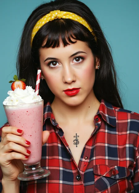 SFW, brightly lit, The image is a portrait of a woman with dark hair styled in a pin-up style. She is wearing a red and blue plaid shirt with a yellow polka dot headband. She has a tattoo on her chest and is holding a pink milkshake with whipped cream and a strawberry on top. The woman is also wearing red lipstick. The background is a light blue color. The overall mood of the image is vintage and edgy., aidmaimageupgrader<lora:flux\custom\celebrity\vanessa-carlton.safetensors:1.05:1.05> <lora:flux\turbo-8-step-flux.safetensors:0.5:0.5> <lora:flux\style\Common\aidmaImageUprader-FLUX-v0.3.safetensors:0.25:0.25>