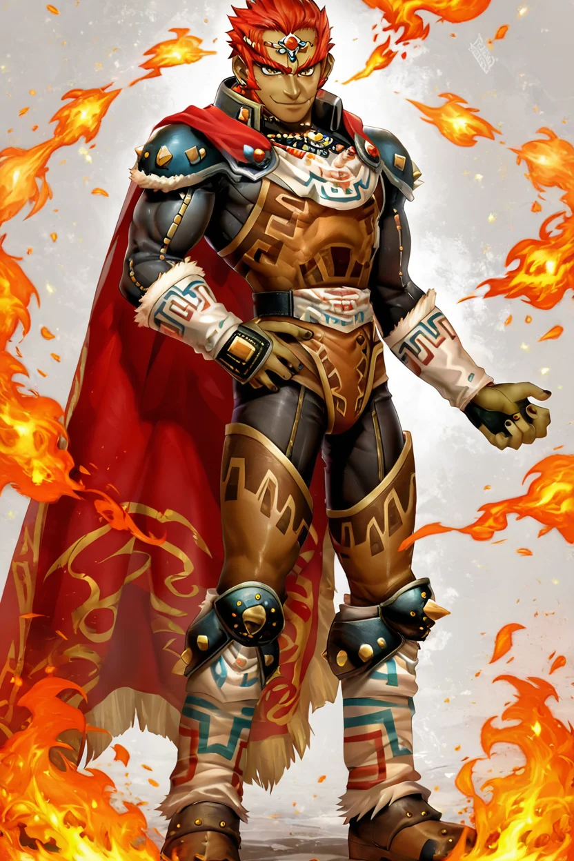 score_9, score_8_up, score_8, BREAK, , ,,, zzGanondorf, 1boy, red hair, dark skin, armor, gloves, jewelry, boots, muscular, shoulder pads, short hair, cape, muscular, fire, aura, <lora:Ganondorf_OoTZelda_PDXL:0.8>, ,,,, BREAK, smile, closed mouth, looking at viewer, cowboy shot, ,,, embedding:zPDXL, Expressiveh, ,,, <lora:Puppypaww_Style_PDXL_v2:0.8>, <lora:SDXLFaeTastic2400:0.5>, <lora:Expressive_H-000001:0.4>,