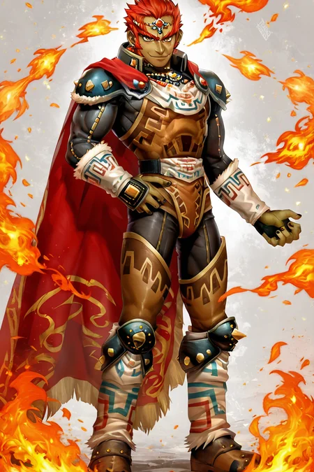 score_9, score_8_up, score_8,   BREAK, , ,,, zzGanondorf, 1boy, red hair, dark skin, armor, gloves, jewelry, boots, muscular, shoulder pads, short hair, cape, muscular,  fire, aura,  <lora:Ganondorf_OoTZelda_PDXL:0.8>,   ,,,, BREAK, smile, closed mouth, looking at viewer, cowboy shot, ,,, embedding:zPDXL, Expressiveh, ,,, <lora:Puppypaww_Style_PDXL_v2:0.8>, <lora:SDXLFaeTastic2400:0.5>, <lora:Expressive_H-000001:0.4>,