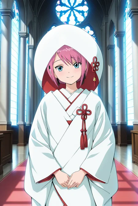 Mon \(Digimon ReArise\),1girl,solo,pink hair,looking at viewer,closed mouth,short hair,bangs,blue eyes,<lora:Mon 2 (Digimon ReArise):0.8>,cowboy_shot,indoor,(uchikake:1.3),wedding scene,church,station,happy smile,, masterpiece,best quality,amazing quality,