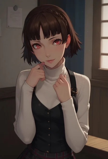 Expressiveh, score_9, score_8_up, score_7_up, score_6_up, score_5_up, score_4_up, 1girl, p5makoto, niijima makoto, brown hair, blunt bangs, crown braid, red eyes,, student council room, pose, sexy, smile, shy, looking at viewer, closeup, p5makoto-winuni, turtleneck, long sleeves, black vest, pleated skirt, plaid skirt, pantyhose, dynamic lighting, breast focus, small breasts,