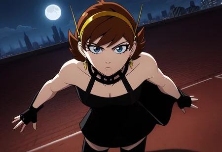 score_9, score_8_up, score_7_up, source_anime, yorbriar, yor briar, brown hair, blue eyes, earrings, yellow hairband, short hair, sidelocks, perspective, vanishing point, dynamic pose, dutch angle, (superhero landing:2.0), (hand on ground:2.0), foreshortening, from above, looking up, looking at viewer,
yorbriarcosplay, yor briar \(cosplay\), bare shoulders, black dress, black gloves, cleavage, dress, earrings, gloves, gold earrings, hair ornament, jewelry, bare shoulders, collarbone, fingerless gloves, thighhighs, black thighhighs, cityscape, night, moon, o mouth, pretty, cowboy shot, solo, janet van dyne,