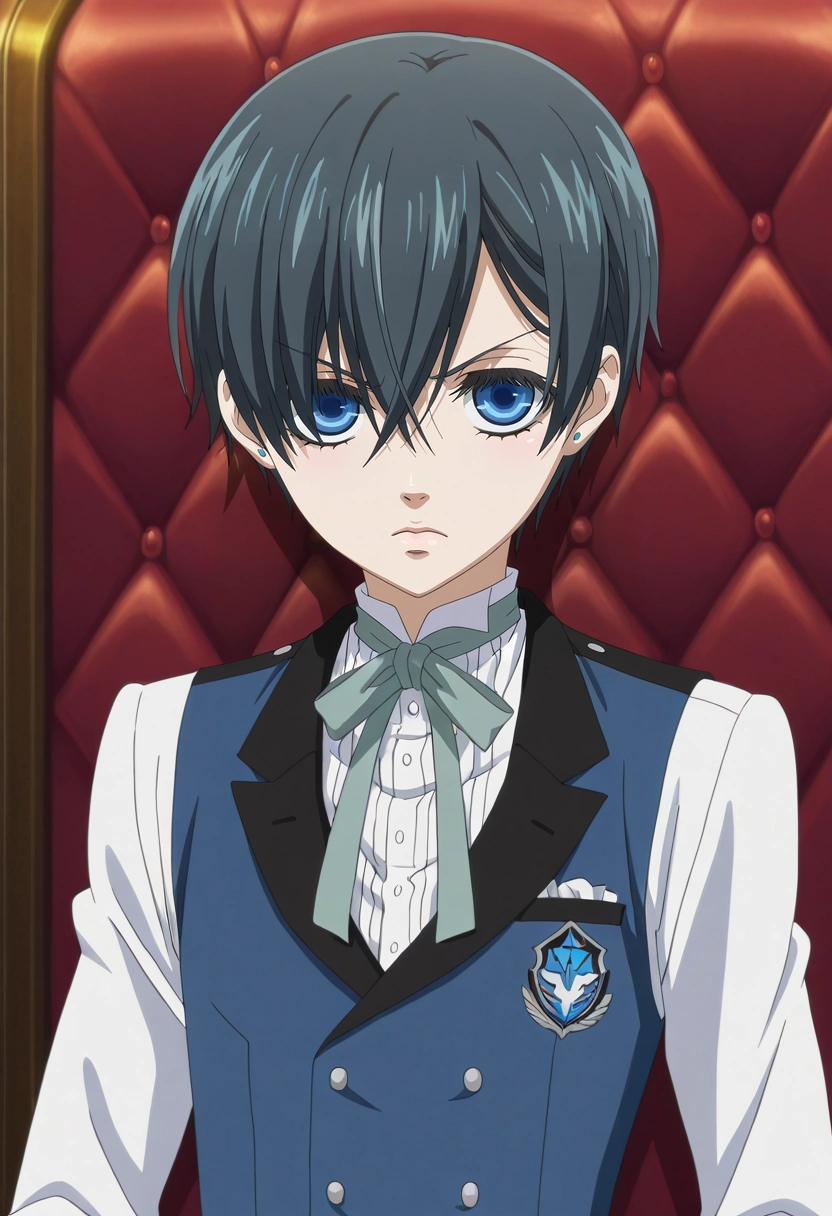 masterpiece, best quality, , anime screencap, , , looking at viewer, 1boy, solo, male focus, <lora:ciel_phantomhive_ilxl:1>, ciel_phantomhive, black hair, blue eyes, short hair, , , vest,