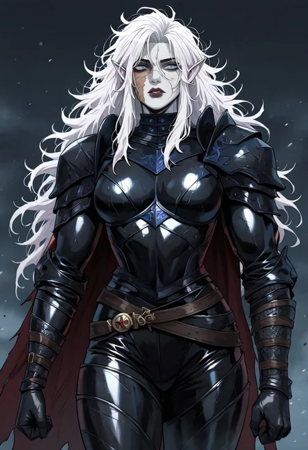 masterpiece, best quality, newest, absurdres, highres, easynegative, MFMOV1.0, mature female,
1girl, pale, white skin, colored skin, pale skin, elf, pointy ears, muscular woman, armor, cape, leather armor, scar, scars on face, white hair, long hair, messy hair, black armor, black leather, blue eyes,