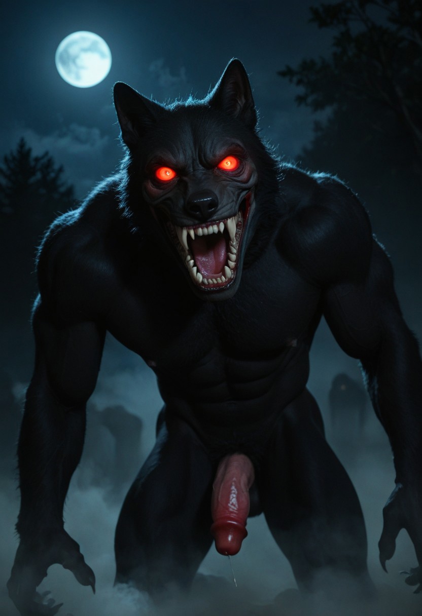 horror movie, still ,anime_source ,black furry, werewolf ,photo ,score_9_up ,score_8_up, score_7_up, action scene ,movie still ,no humans ,open mouth teeth, wolf looking at viewer realistic glowing solo glowing eyes black background horror (theme) animal focus animal sharp teeth white eyes fangs realistic nsfw muscular male muscular penis large pectorals male focus abs nipples pectorals bara best quality masterpiece 4k uncensored prefect lighting rating_explicit horror very aesthetic, black fur, showdow, moon,