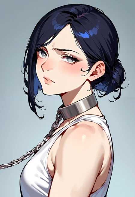 score_9, score_8_up, score_7_up, score_6_up, 1girl, black hair, simple metal collar, chain leash, grey eyes, looking at viewer, simple background, concerned, raised eyebrow, cute, (expressiveh), from side, bangs, sleeveless