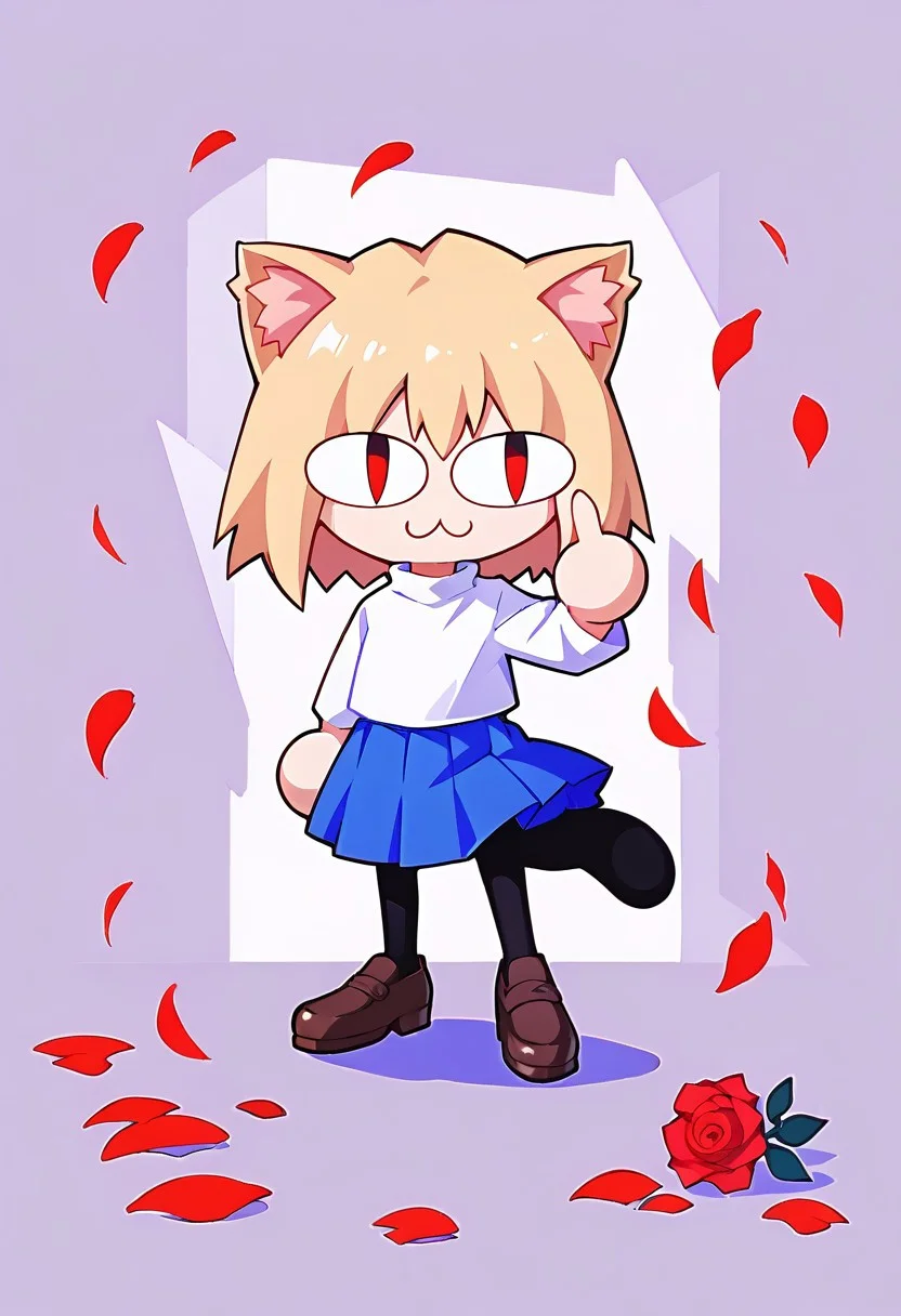 score 7 up, score 8 up, score 9 up, mesterpiece, best qualty, vibrant,
BREAK
necoarc, blonde hair, red eyes, slit pupils, cat ears, :3, chibi, turtleneck, white shirt, blue skirt, pleated skirt, pantyhose, brown footwear,
BREAK
finger gun,rose,petals, dunamic pose, abstract background