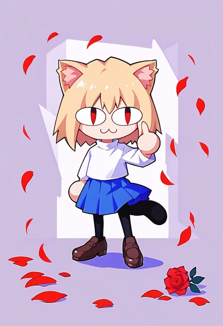 score 7 up, score 8 up, score 9 up, mesterpiece, best qualty, vibrant,
BREAK
necoarc, blonde hair, red eyes, slit pupils, cat ears, :3, chibi, turtleneck, white shirt, blue skirt, pleated skirt, pantyhose, brown footwear,
BREAK
finger gun,rose,petals, dunamic pose, abstract background