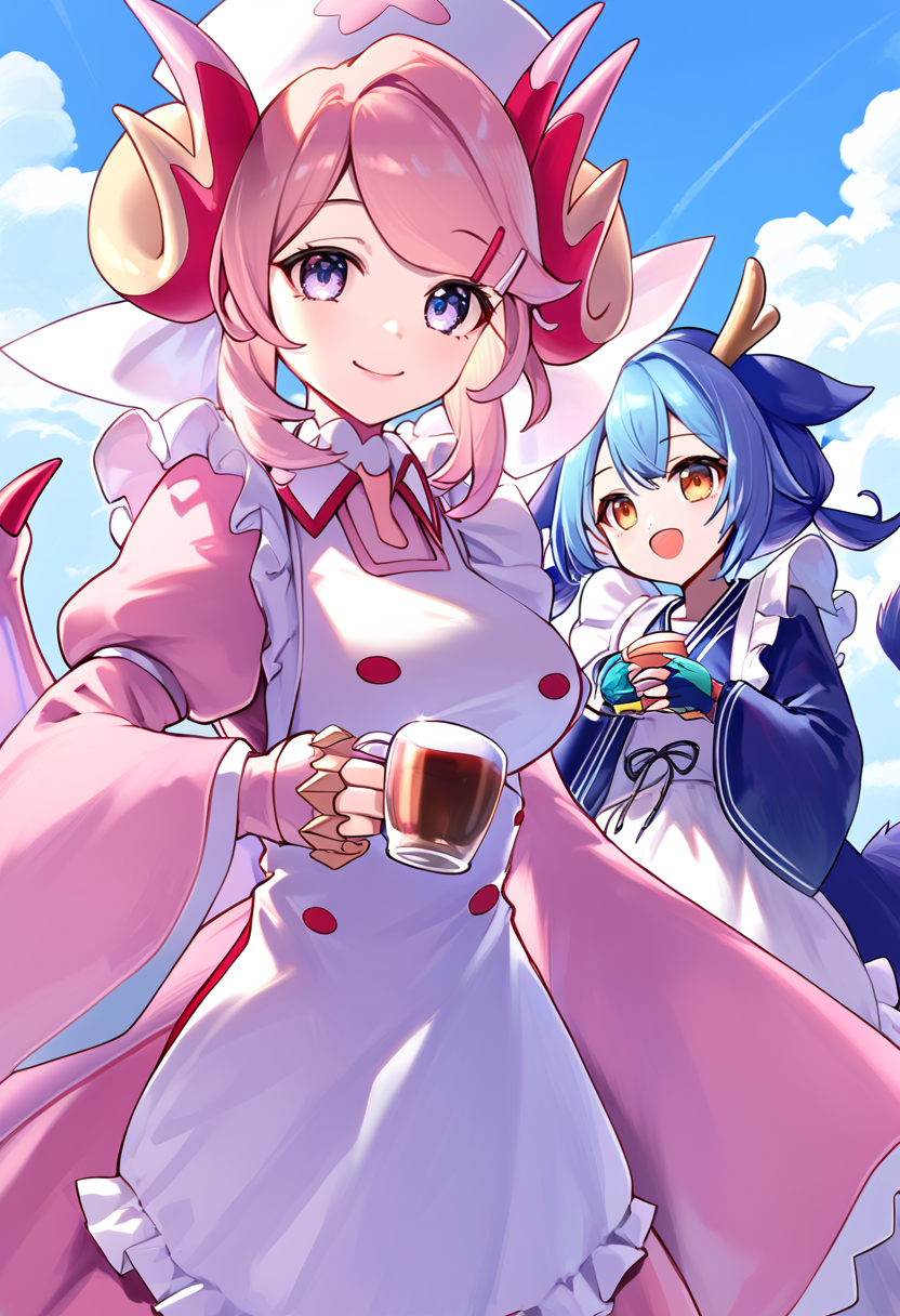 (score_9:0.9),score_8_up,score_7_up,anime style,rating_safe,(zPDXL),<lora:Nurse dragonmaid ponyXL v1:0.8>,nurse cap,nurse dragonmaid, pink wings, nurse dress, pink fingerless gloves, laundry dragonmaid, blue maid outfit, blue fingerless gloves, multiple girls, holding, food, shaved ice, open mouth, smile, looking at viewer, 2girls, sidelocks, sky, large breasts, cloud, long sleeves, frills, day, outdoors, blue sky, cup, closed mouth, :d, holding cup,