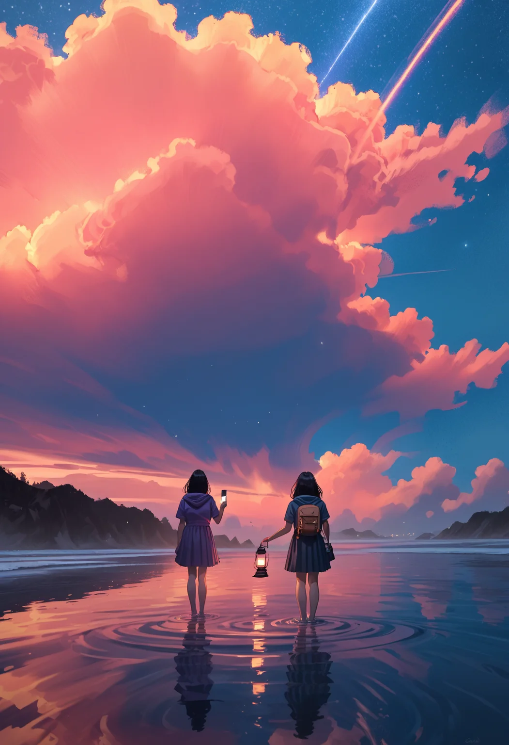 score_9, score_8_up, score_7_up, score_6_up, score_5_up, score_4_up,
<lora:ScenicHorizonsV3.1:1> sc3n1ch0r1s0ns,
1girl, solo, long hair, skirt, black hair, dress, holding, standing, short sleeves, ((sky)), medium hair, cloud, hood, from behind, water, bag, blue sky, hoodie, night, ocean, backpack, cloudy sky, star, night sky, scenery, starry sky, wading, reflection, sunset, lantern, horizon, facing away, ripples, twilight, evening, gradient sky, shooting star, reflective water, holding lantern, standing on liquid,