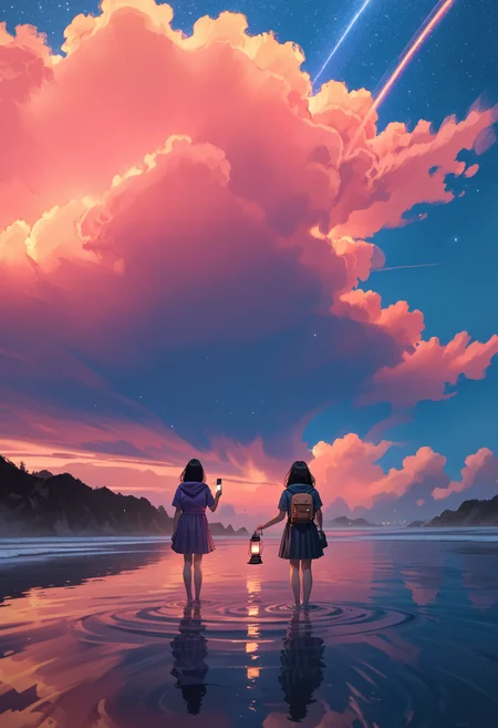 score_9, score_8_up, score_7_up, score_6_up, score_5_up, score_4_up,
<lora:ScenicHorizonsV3.1:1> sc3n1ch0r1s0ns,
1girl, solo, long hair, skirt, black hair, dress, holding, standing, short sleeves, ((sky)), medium hair, cloud, hood, from behind, water, bag, blue sky, hoodie, night, ocean, backpack, cloudy sky, star, night sky, scenery, starry sky, wading, reflection, sunset, lantern, horizon, facing away, ripples, twilight, evening, gradient sky, shooting star, reflective water, holding lantern, standing on liquid,