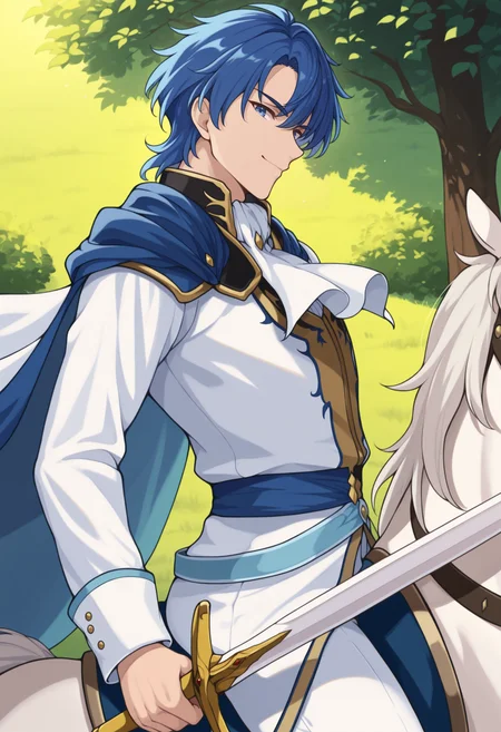 masterpiece, best quality, solo, 1boy, smile, looking at viewer, <lora:Sigurd-illus_Fp:1>, sigurdfe4, blue eyes, blue hair, short hair, white coat, white pants, ascot, collar, armor, cape, long sleeves, horseback riding, outdoors, holding sword, from side,