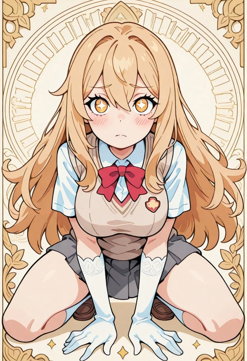 1 girl , solo , misaki shokuhou, blonde hair, hair between eyes, long hair, symbol-shaped pupils, yellow eyes, breasts, anime screencap, elbow gloves, gloves, school uniform, short sleeves, summer uniform, sweater vest, tokiwadai school uniform, white gloves, light brown sweater vest,
blushing , eyelashes , cute , winking , star ,
large breasts , beautiful breasts , slim , slender ,
full body view, kneeling, spread legs, leaning forward,
from front, front view, straight-on, look at viewer,
masterpiece, best quality ,amazing quality ,S4bit4mago_illu , Protoneon ,s0wasow4rt_illu, t1m3r