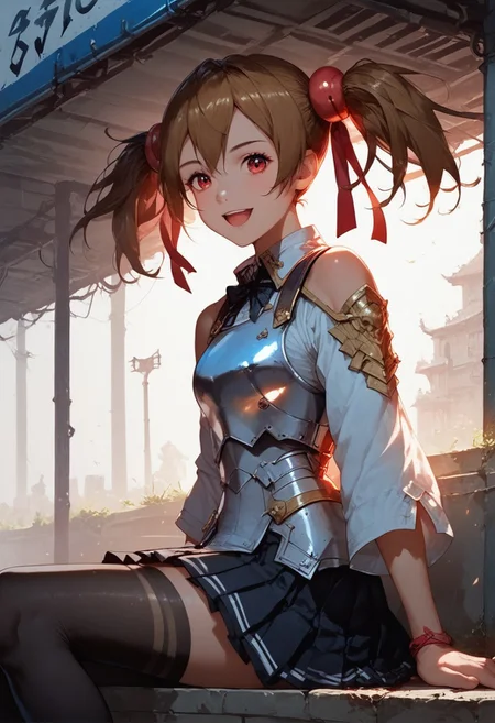 score_9, score_8_up, score_7_up, 1girl, silica, solo, skirt, brown hair, open mouth, red eyes, thighhighs, breastplate, twintails, white background, black skirt, pleated skirt, armor, smile, ribbon, skirt, thighhighs, breastplate, black skirt, pleated skirt, armor,, black thighhighs, rminiskirt, bus stop, public place nighttime vibrant lighting, street lights, high contrast, dramatic shadows, highly detailed, detailed skin, depth of field, tilted angle, moody lighting, exy pose,professional lighting, perfect quality, high quality, photorealistic, sitting, (((supermodel))),((goddess))