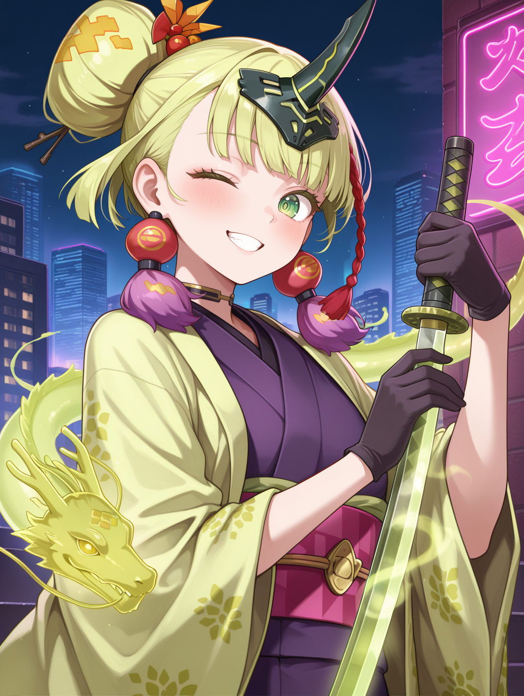 no-p.u.n.k. deer note,1girl,one eye closed,solo,smile,looking at viewer,blush,hand on hilt,green hologram katana,reverse grip,grin,single hair bun,upper body,teeth,black gloves,red hair ornament,purple tassel earrings,black horn headpiece,green haori,purple sleeveless kimono,pink sash,green hologram east dragon,cityscape,egasumi,night sky,neon lights,
masterpiece,best quality,amazing quality,very aesthetic,absurdres,newest,<lora:No-P.U.N.K. Deer Note illusXL v1:0.75>,