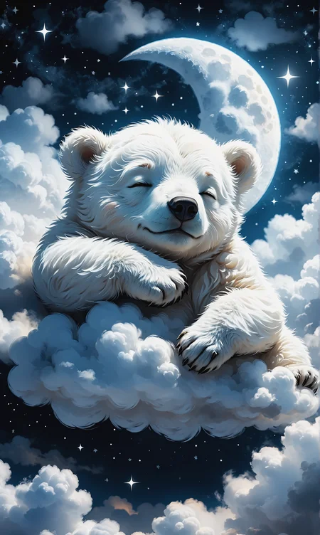 A white baby bear is sleeping on the clouds. There's a moon in the night sky and no stars Removed From Image ugly, deformed, noisy, blurry, distorted, out of focus, bad anatomy, extra limbs, poorly drawn face, poorly drawn hands, missing fingers<lora:xl_more_art-full_v1:0.3> <lora:MJ52:0.4>