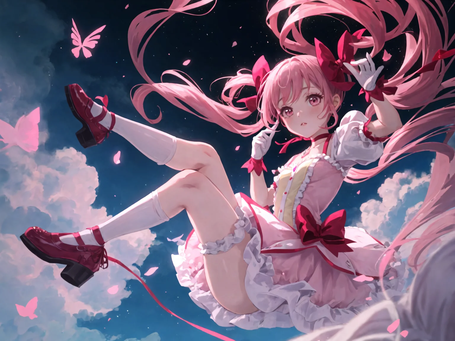 (masterpiece, best quality, ultra detailed,illustration,CG , hdr:1.2),
1girl, solo,madoka-v1 , looking at viewer, dynamic angle , cinematic angle , depth of field , detailed and beautiful glow , detailed shadow , caustics, ray tracing , bokeh , lens flare,
pink hair, gloves, white gloves, twintails, frilled socks, pink eyes, socks, frills, white socks, short sleeves, skirt, choker,white skirt, puffy short sleeves, puffy sleeves, bubble skirt, red footwear, frilled sleeves, short twintails, frilled skirt,ribbon, bow, soul gem, magical girl, leg ribbon, ankle ribbon, shoes, hair ribbon, parted lips, red choker, buttons, collarbone, pink theme, ribbon choker, pink ribbon, kneehighs, dot nose, blush, small breasts, light particles, hair bow, cross-laced footwear, hand up, breasts, (zentangle:1.2 )
(delicate flowers and clouds, soft pink hue , whimsical and romantic atmosphere,fantasy and charm,sparkle ) ,
<lora:madoka-000010:0.8>,