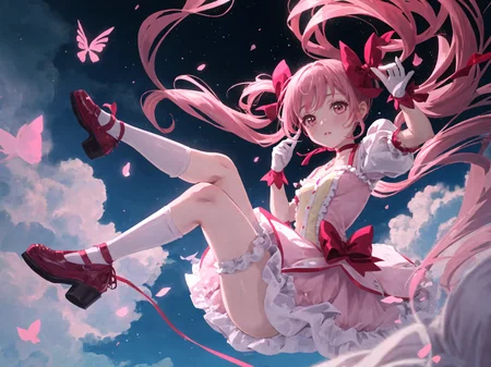 (masterpiece, best quality, ultra detailed,illustration,CG , hdr:1.2),
1girl, solo,madoka-v1 , looking at viewer, dynamic angle , cinematic angle , depth of field , detailed and beautiful glow , detailed shadow , caustics, ray tracing , bokeh , lens flare,
pink hair, gloves, white gloves, twintails, frilled socks, pink eyes, socks, frills, white socks, short sleeves, skirt, choker,white skirt, puffy short sleeves, puffy sleeves, bubble skirt, red footwear, frilled sleeves, short twintails, frilled skirt,ribbon, bow, soul gem, magical girl, leg ribbon, ankle ribbon, shoes, hair ribbon, parted lips, red choker, buttons, collarbone, pink theme, ribbon choker, pink ribbon, kneehighs, dot nose, blush, small breasts, light particles, hair bow, cross-laced footwear, hand up, breasts, (zentangle:1.2 )
(delicate flowers and clouds, soft pink hue , whimsical and romantic atmosphere,fantasy and charm,sparkle ) ,
<lora:madoka-000010:0.8>,