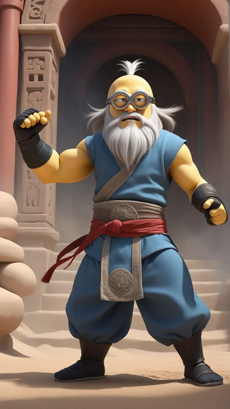 fantasy, archaeology theme, <lora:MinionStyleXL:1.3> MinionStyle looking at viewer, solo, half shot, detailed background, detailed face, (<lora:Unholy:0.5>, Sc3pt4, scifi theme:1.1), eastern, hair flowing in the wind, martial artist, dynamic pose, fighting stance, clenched fist, hitting, fingerless gloves, wristwraps, elemental themed clothes, sleeveless fighter clothes, eastern temple stairs in background, dust cloud, dynamic composition, epic eastern medieval atmosphere, as a minion, 3D, pixar, CG