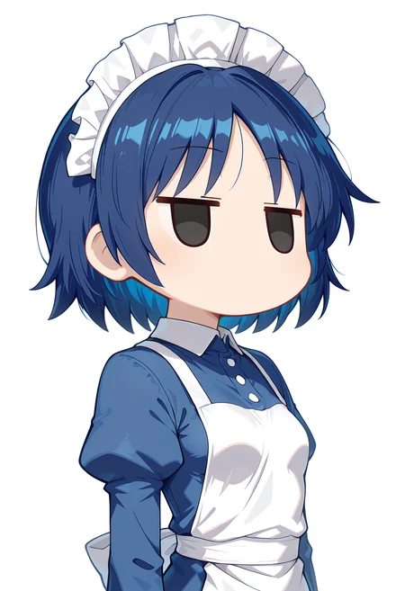 1girl,(solo),
saitei,
blue hair,short hair,black eyes,jitome,maid headdress,deformed, no mouth,
small breasts,maid,blue dress, juliet sleeves, white apron,
[:brown footwear, white socks:0.3]
(white background:1.2),simple background,
masterpiece,best quality,amazing quality,very aesthetic,absurdres,newest,
<lora:reduce_wrinkles_illstriouosv0.1_ADDifT_2_in_1_v1.2:0.8>, <lora:99coins_nijiura_maid_IL_v7_15:1>