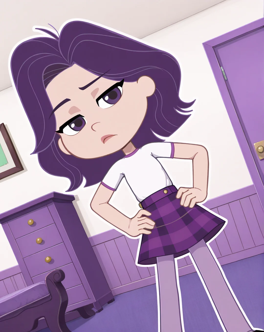 Sour_Grapes, 1girl, solo, purple hair, purple eyes, white t-shirt, short-sleeved t-shirt, purple plaid skirt, pastel purple tights, violet flats, (Bored, dutch angle, Hands on hips,naughty pose, looking at viewer, indoors, elegant room, solo, dynamic pose, full_body, head tilt,),((white background, White frame, white outline))