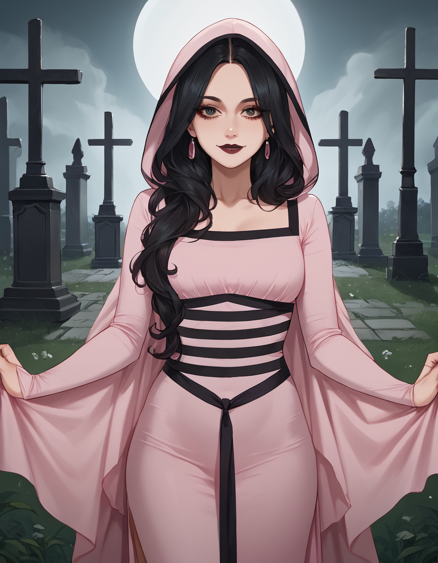 score_9, score_8_up, score_7_up, score_6_up, score_5_up, score_4_up, source_anime, best quality, 1girl, solo, black hair, lipstick, hud_lly_mnstr, pink dress, long sleeves, hood down, <lora:lily_munster-000008:1>, looking at viewer, light smile, cemetery, beautiful tombstones, moonlight