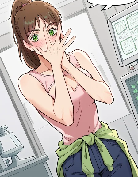 score_9, score_8_up, score_7_up, source_anime, <lora:sexercise-soohyun-yoo-manhwa-ponyxl-lora-nochekaiser:1>, soohyun yoo, long hair, bangs, brown hair, green eyes, ponytail,, shirt, cleavage, pants, clothing cutout, cleavage cutout, pink shirt, clothes around waist, laboratory, beakers, microscope, scientist, experiments, smile, <lora:jonathan-joestar-pose-ponyxl-lora-nochekaiser:1>, jonathan joestar pose, jonathan joestar's pose (jojo), jojo pose, covering face, blush, smile, bed room,, looking at viewer, solo,, dutch angle, cowboy shot