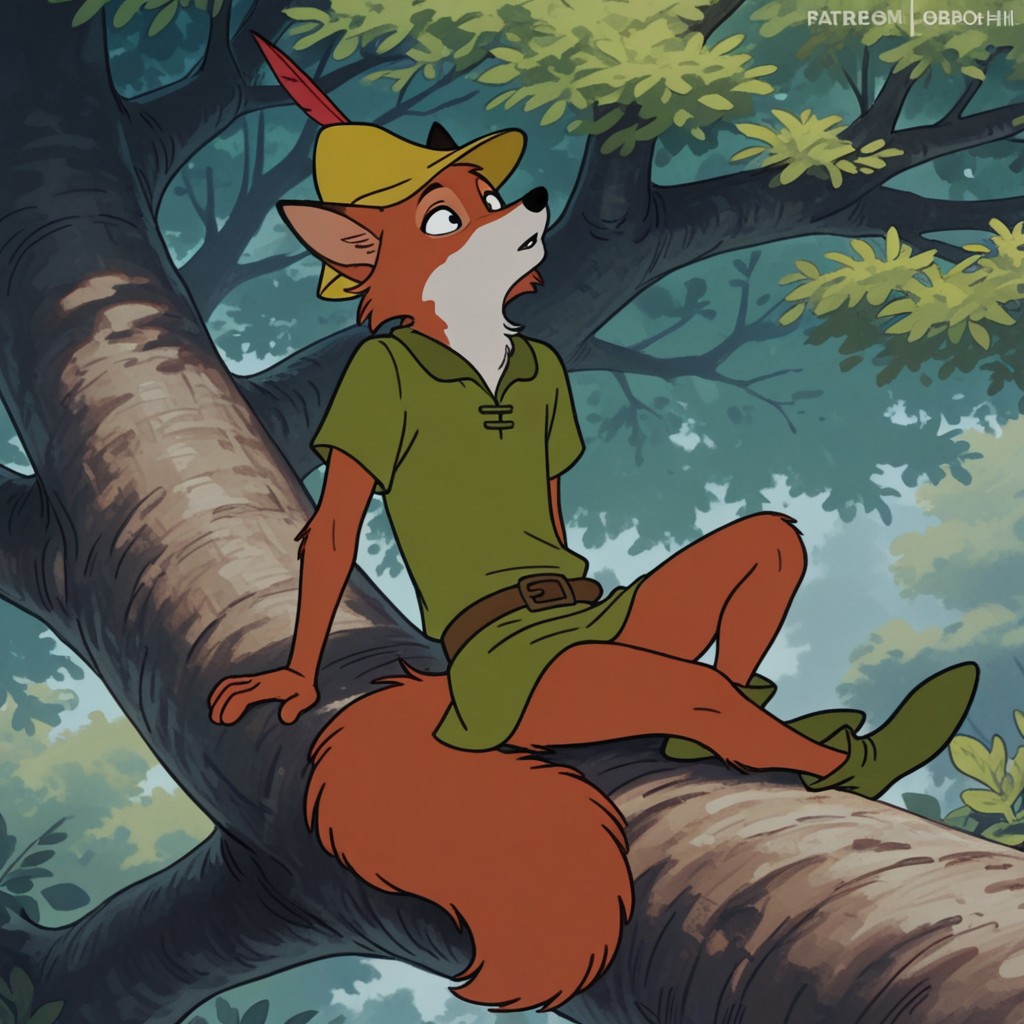 masterpiece, best quality, amazing quality, RobinhoodRHIL, semi-anthro, male, fox, orange fur, green tunic, yellow hat, green shoes, brown belt, sitting, in a tree, black eyes