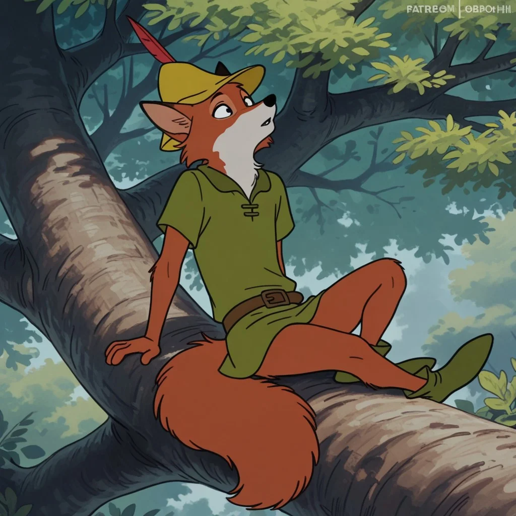 masterpiece, best quality, amazing quality, RobinhoodRHIL, semi-anthro, male, fox, orange fur, green tunic, yellow hat, green shoes, brown belt, sitting, in a tree, black eyes